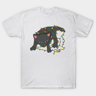 Black cat tangled in christmas lights T-Shirt